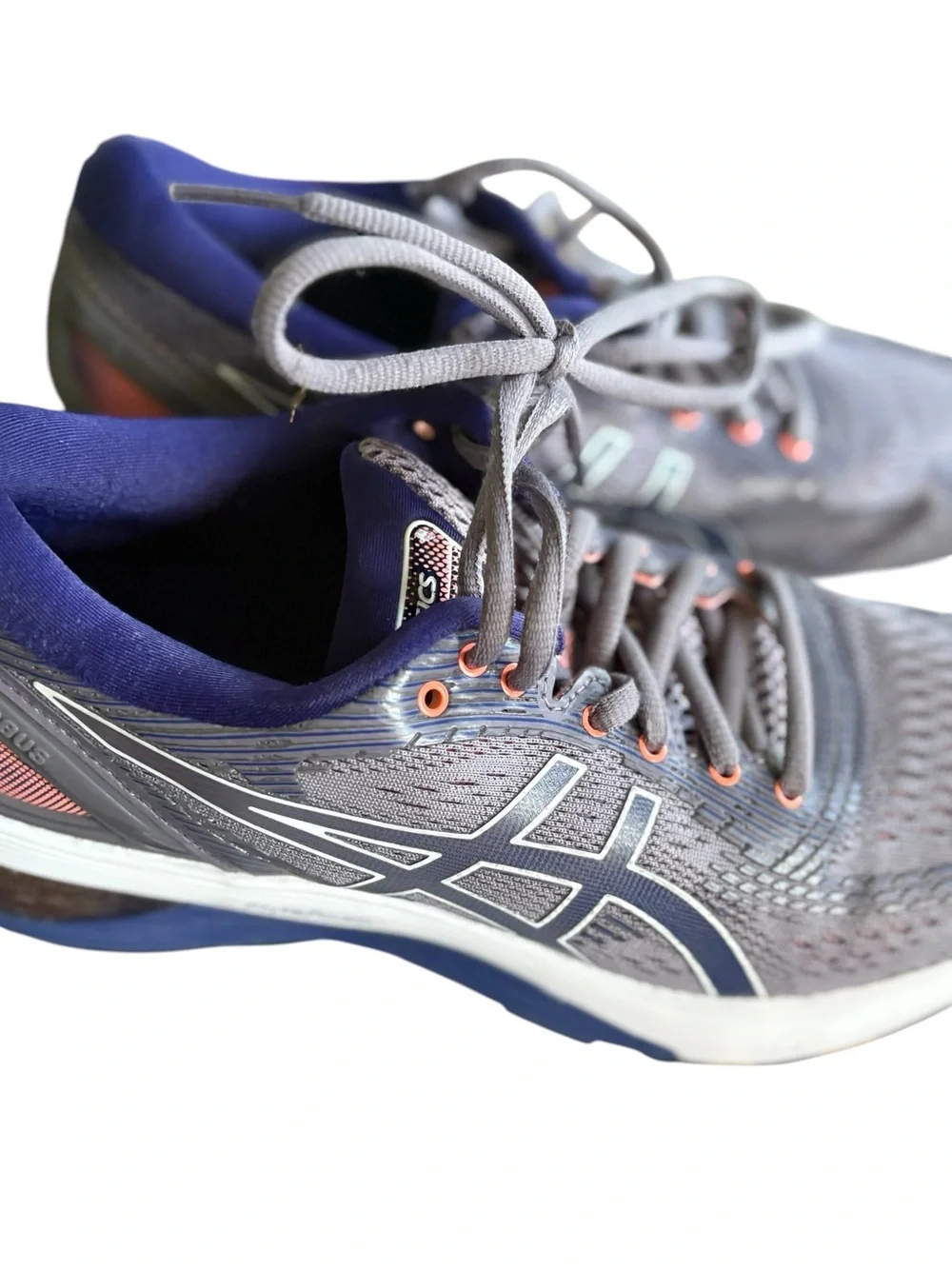 ASICS Woman’s Gray and Navy Running Shoes with Coral Highlights